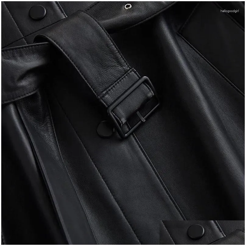 women`s leather lautaro autumn black long trench coat for women with hood sleeve belt spring waterproof pu raincoat 2024