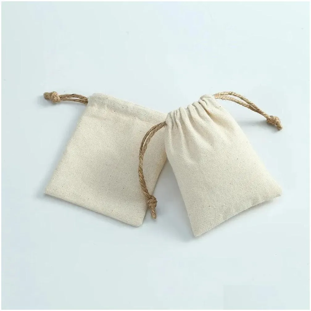 jewelry 50pcs jute cotton drawstring gift bags with black ribbon jewelry packaging pouch wedding favor nature cotton canvas candy bag