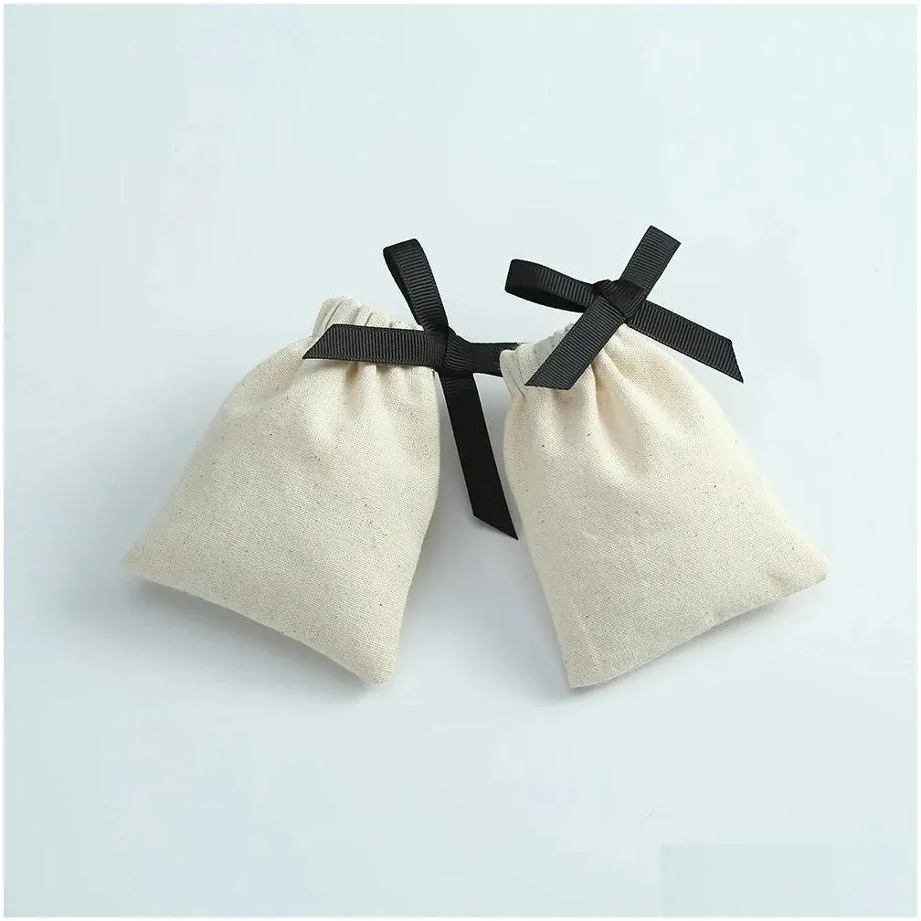 jewelry 50pcs jute cotton drawstring gift bags with black ribbon jewelry packaging pouch wedding favor nature cotton canvas candy bag