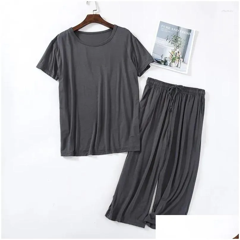 men`s sleepwear o-neck modal casual short sleeved elastic waist cropped pants pajamas summer home clothes 2 piece set solid thin