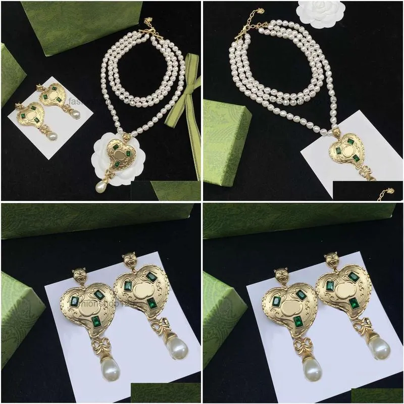 2023-luxury love pearl earrings exaggerated noble necklaces emerald heart danglers jewelry sets birthday gift anniversary