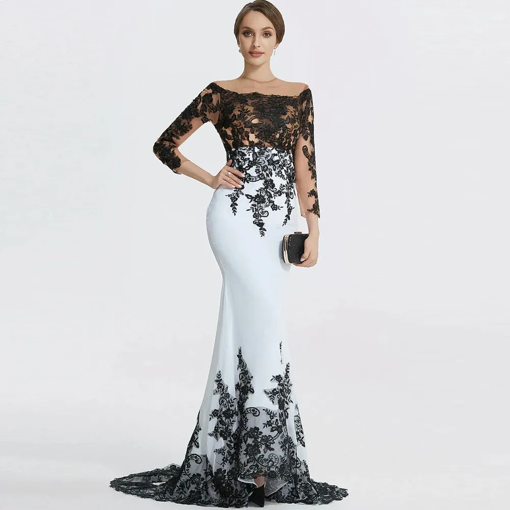 Black Velvet Mermaid Evening Dresses Plus Size Sweetheart Neckline Long Sleeves African Prom Gowns Appliqued Sweep Formal Dress 2024 YD