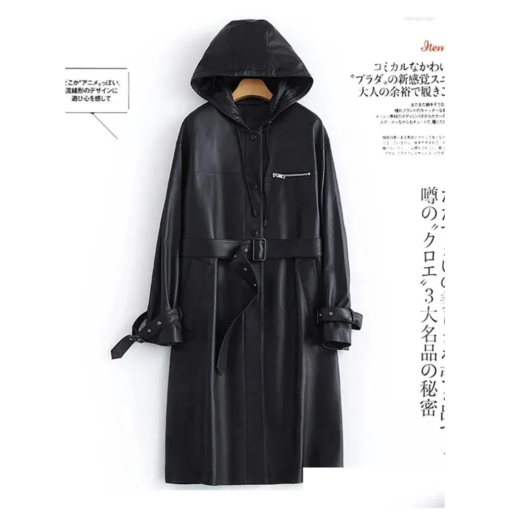 women`s leather lautaro autumn black long trench coat for women with hood sleeve belt spring waterproof pu raincoat 2024