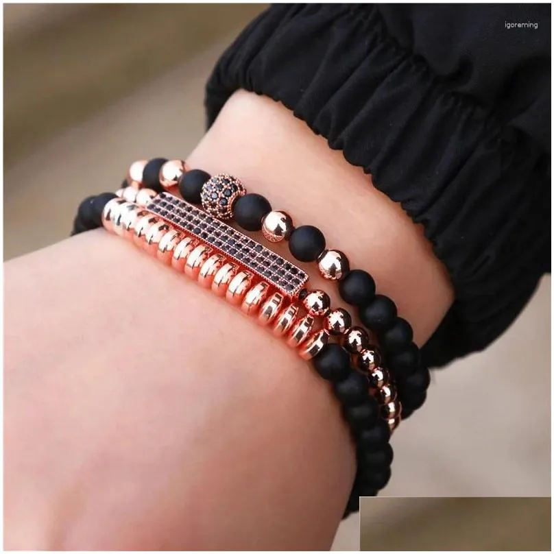 strand 3pcs/lot classics natural stone beads matte black bracelet charm zircon pave cz golden ball for women&men jewelry 2024