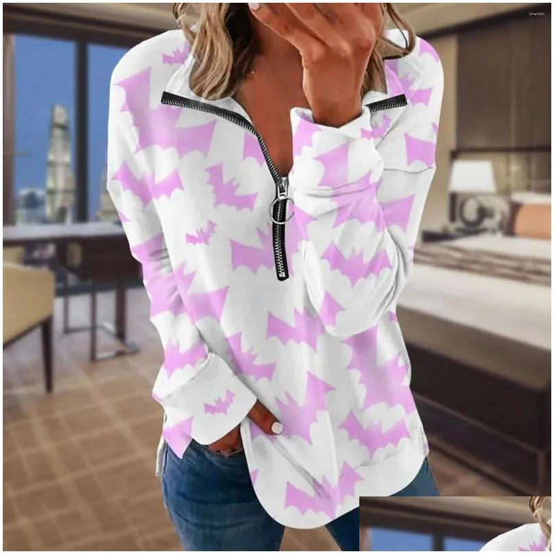 women`s hoodies halloween fashion long sleeve half zip side split colorful bat print hoodless sweatshirt