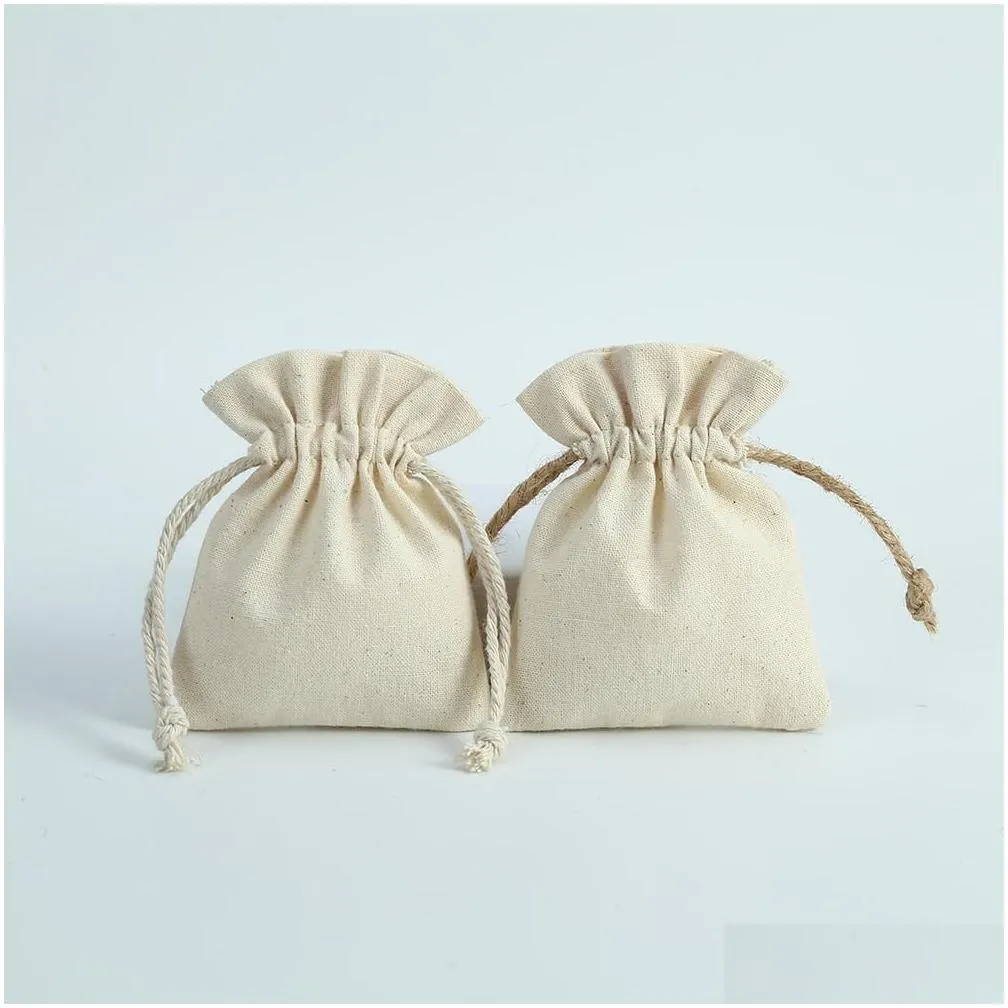 jewelry 50pcs jute cotton drawstring gift bags with black ribbon jewelry packaging pouch wedding favor nature cotton canvas candy bag