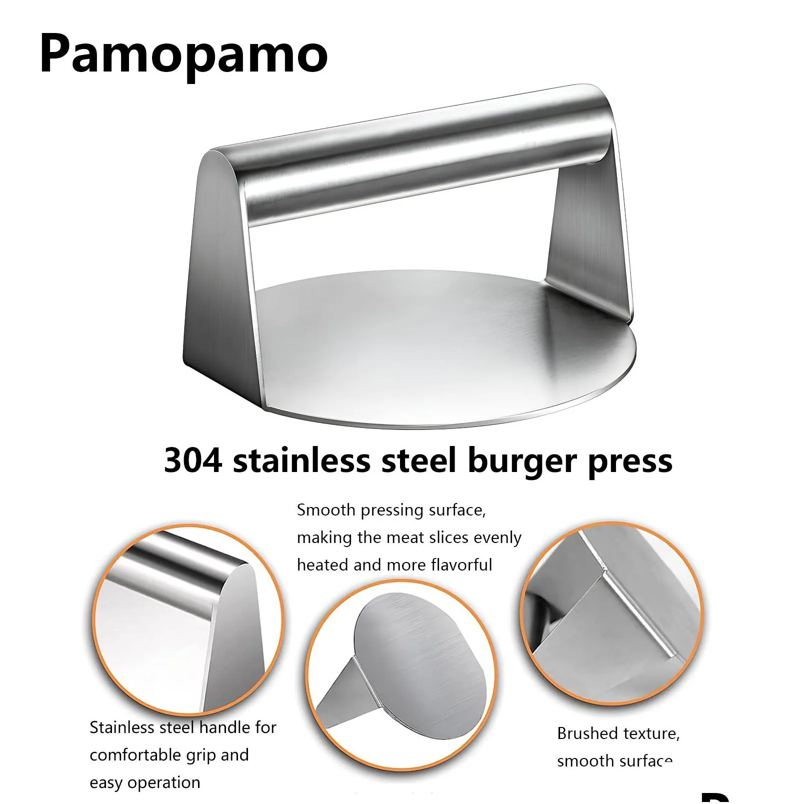 burger press stainless steel 5.5 in heavy duty durable grill hamburger smasher for professional home cooks, outdoor indoor kitchen grilling