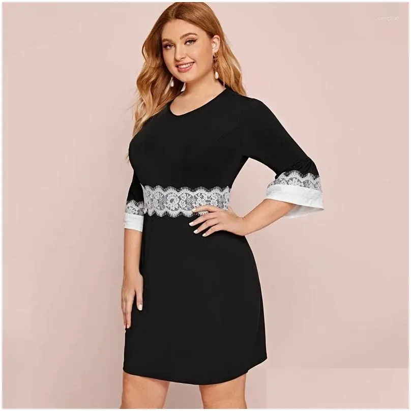 plus size dresses spring autumn elegant party dress women 3/4 sleeve lace panel sheath business large black and white