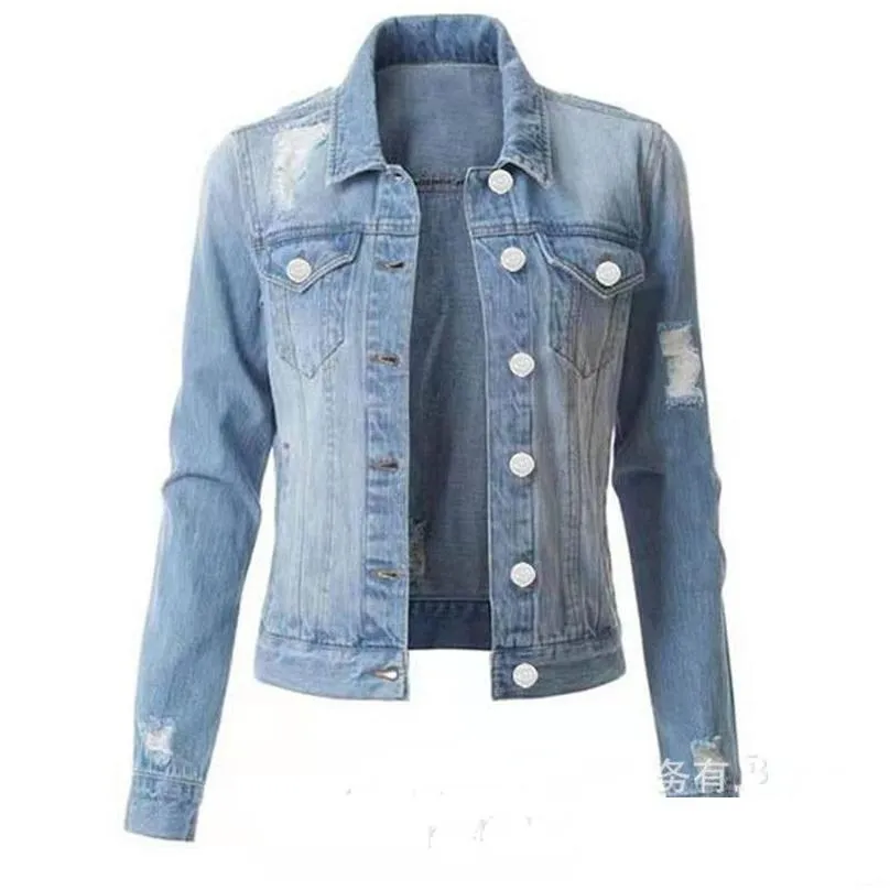 autumn women clothing denim coat holes ripped full sleeves turn down neck single-breasted pocket distressed casual jean coats outwear lady jacket blue