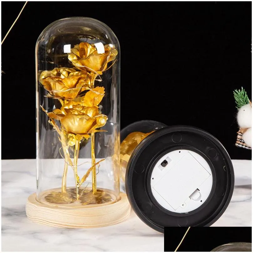 three gold foil flowers glass cover ornaments creative christmas valentine`s day gift roses luminous gifts wholesale