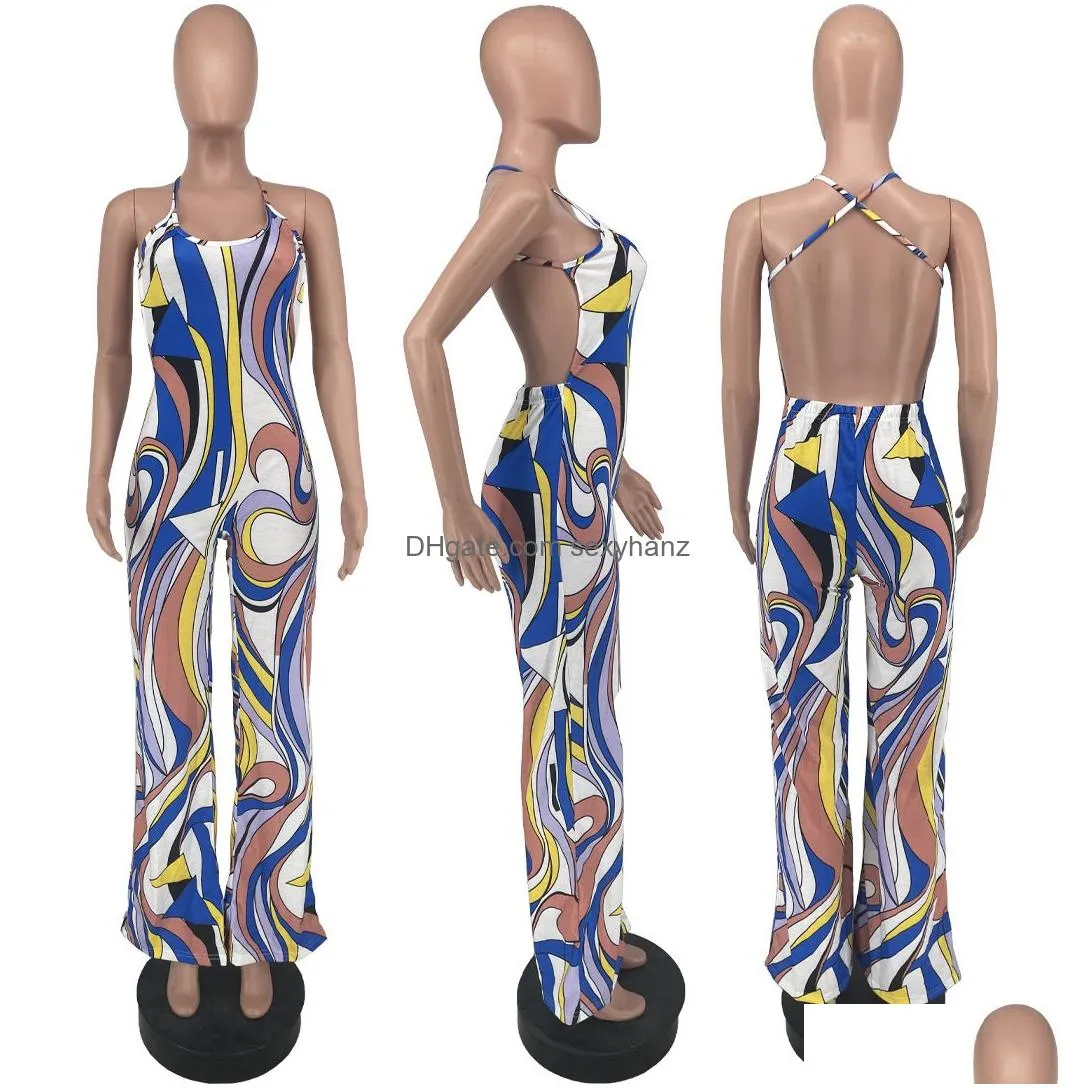pattern print long cami jumpsuit women summer clothes cross straps v neck open back geometric graphic printed