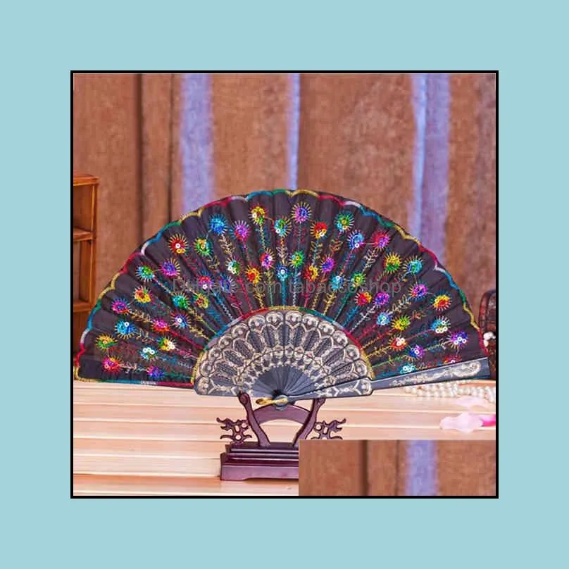 chinese folding fan party favor classical dance elegant colorful embroidered flower peacock pattern sequins female plastic handheld fans gifts wedding