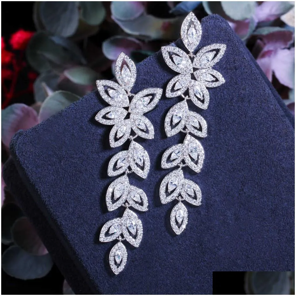 poland marquise cubic zirconia cluster dangling drop flower leaf long earring for women wedding banquet jewelry cz882 210714