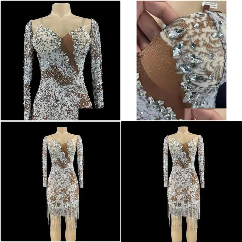 stage wear sparkly crystals mesh transparent long sleeves rhinestones chains dress evening birthday celebrate party nightclub