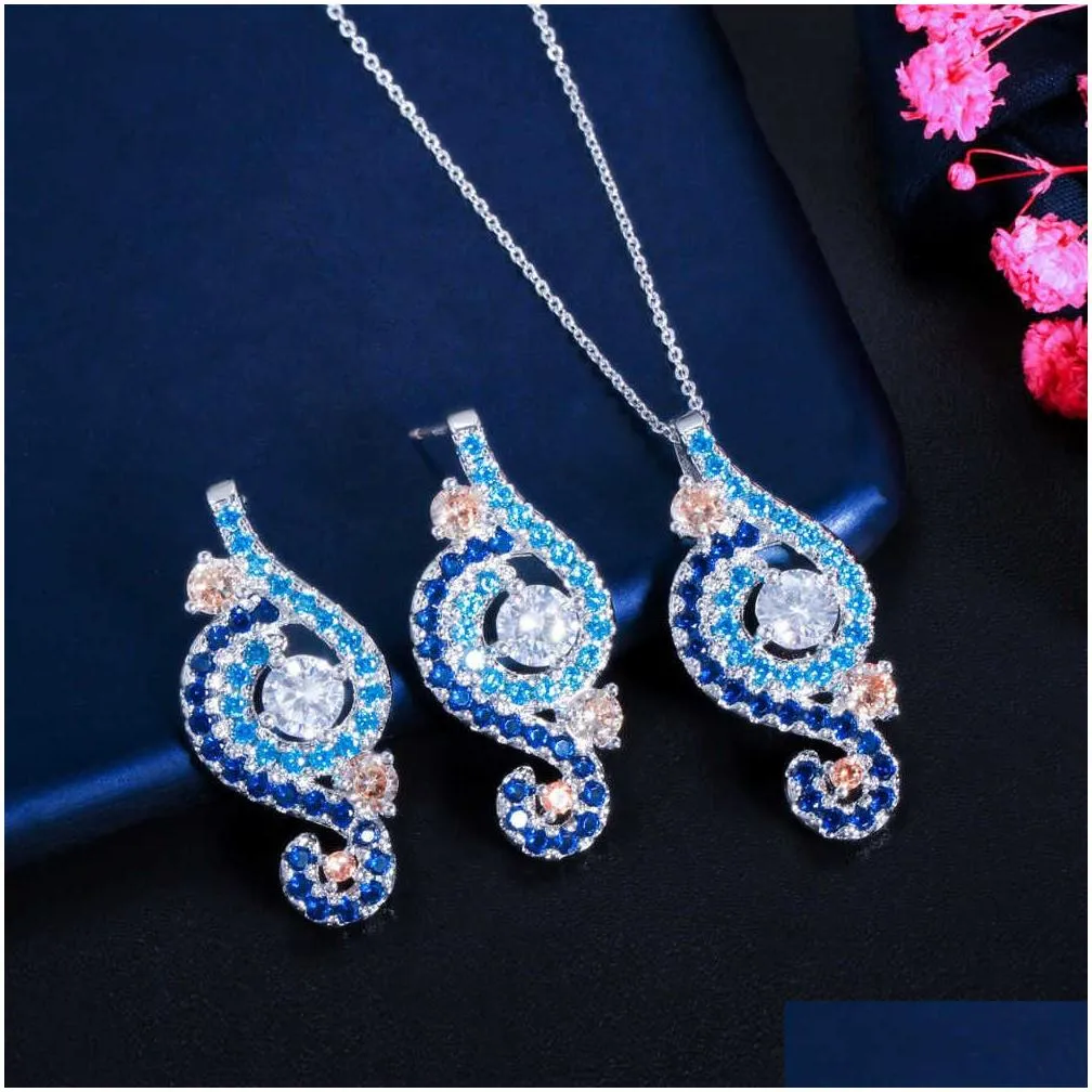 multicolor light blue cubic zirconia stone drop earrings and necklace trendy engagement jewelry sets for women t541 210714