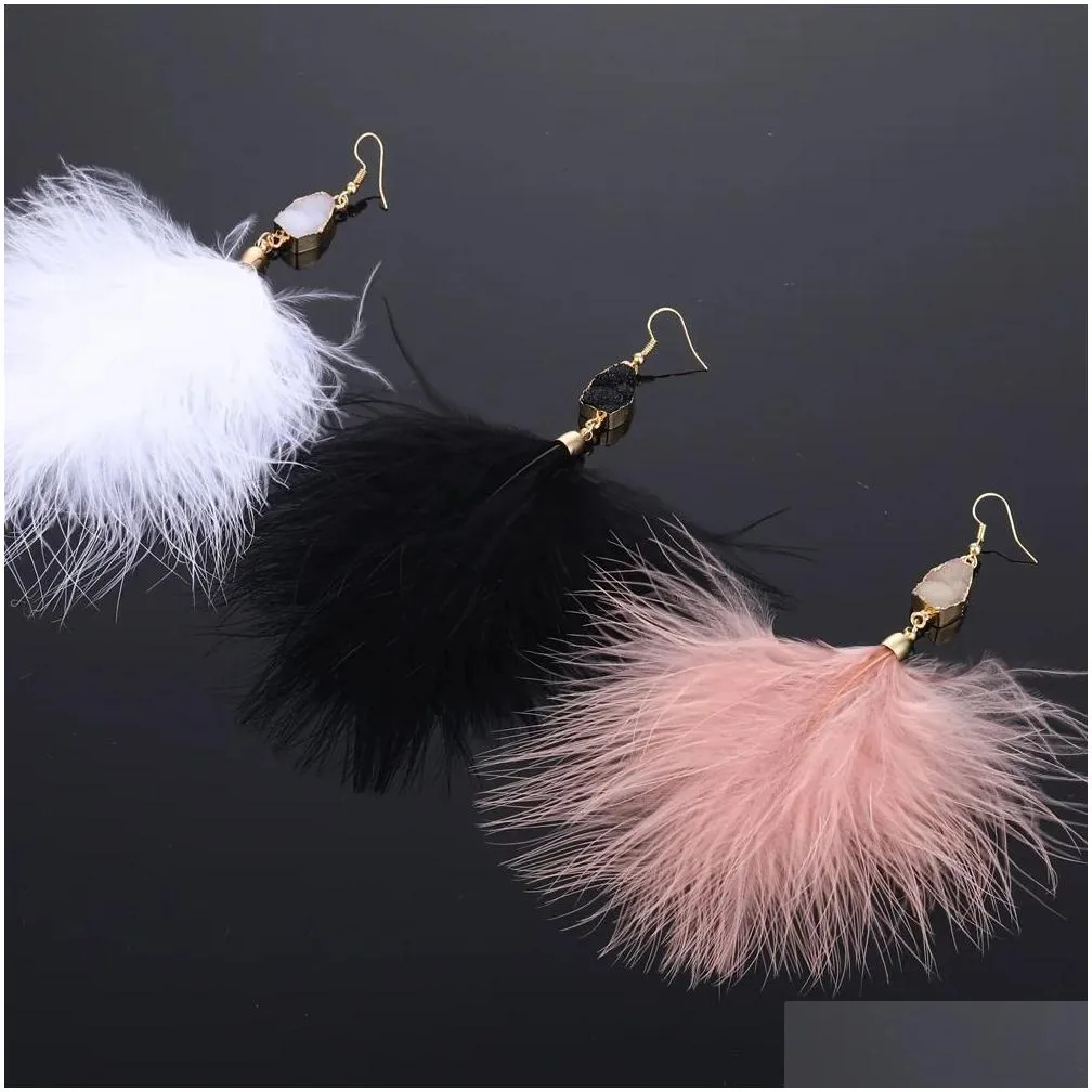 stud long crystal tassel dangle drop earrings jewelry for women bohemian genuine feather plush earrings wedding jewelry 231116