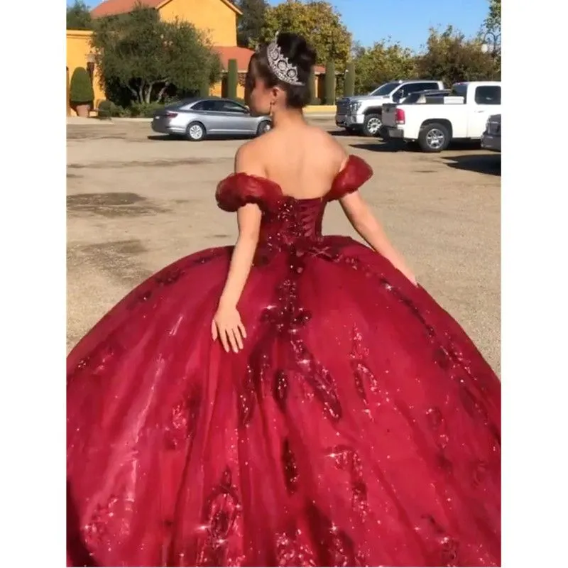2024 Burgundy Sexy Quinceanera Dresses Dark Red Sequined Lace Appliques Crystal Beads Sequins Sweet 16 Party Dress Vestidos De 15 Prom Party Gowns With Sleeves