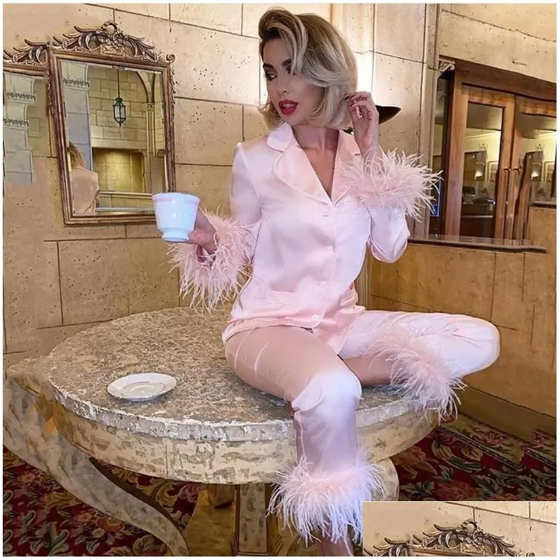 women`s two piece pants womens pajamas for sleep ladies solid color suit lapel top and feather trousers two-piece sleepwear set pyjama
