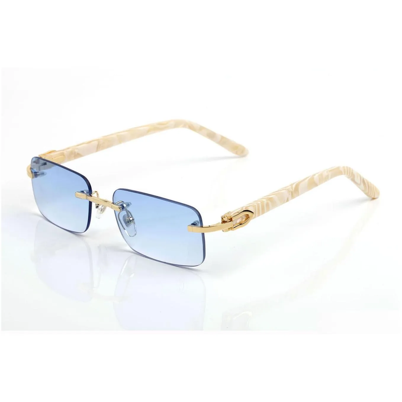 mens designer glasses sunglasses rimless square blue lens peach heart gold hardware polishing craft fashion rectangle c decorate arm buff wooden