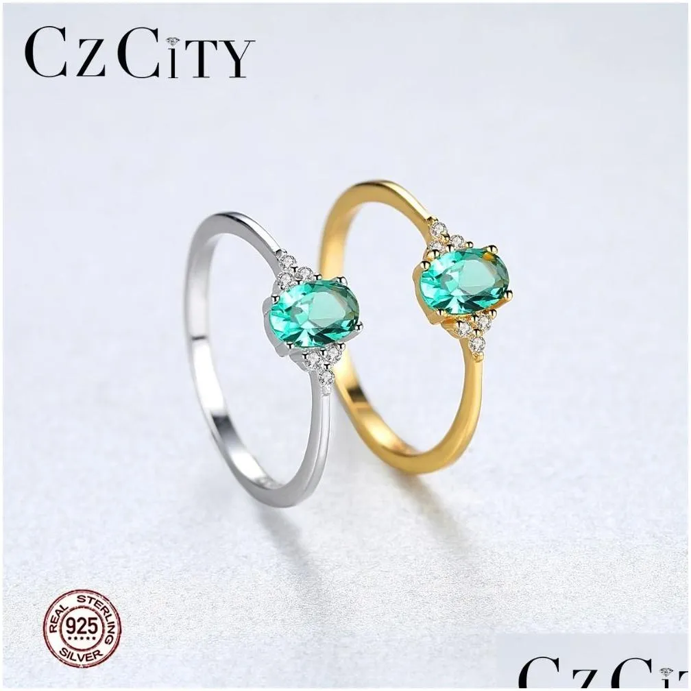 czcity delicate green oval topaz bridal wedding for women 100% 925 silver sterling birthstone promise rings jewelry bijoux y200321