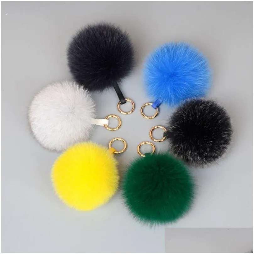 keychains lanyards luxury 13cm fluffy real fur ball pom poms pompom high quality keychain car key chain metal ring pendant for women