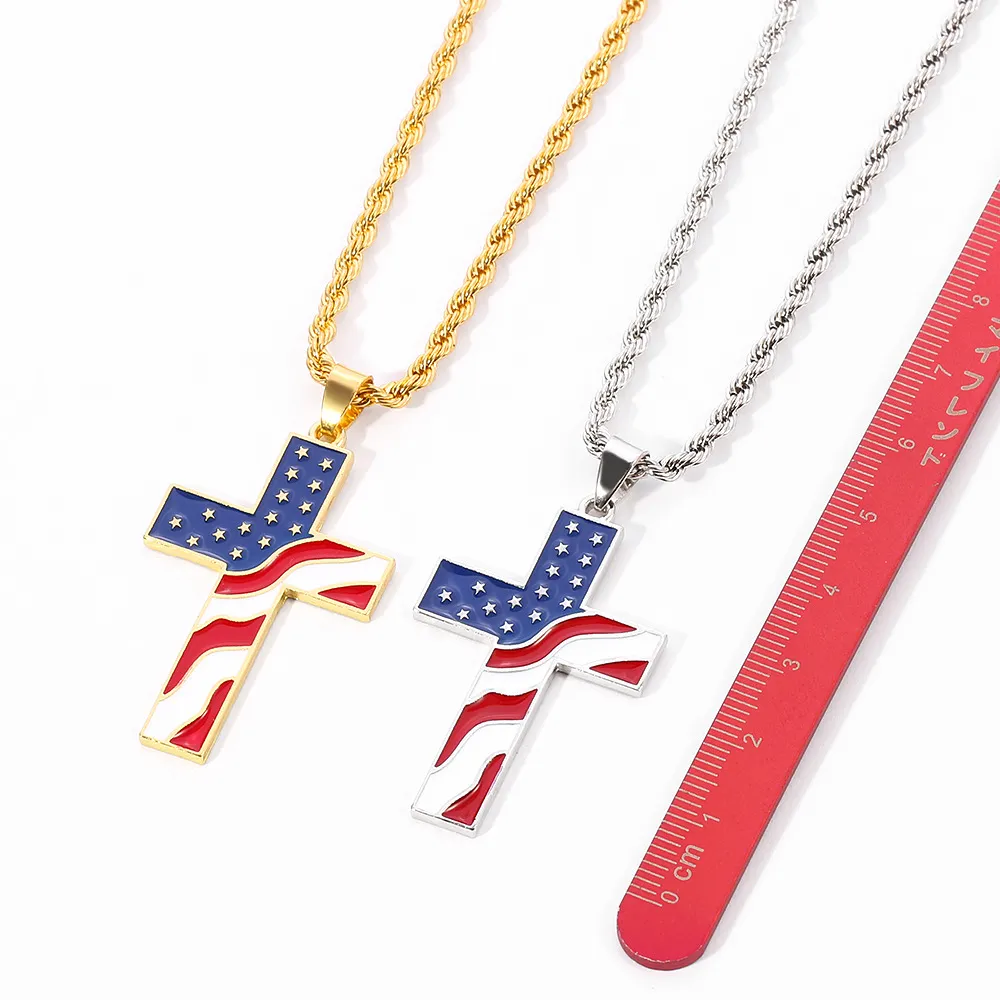 Fashion American Stars Cross Pendant Necklaces Stainless Steel US Flag Necklace