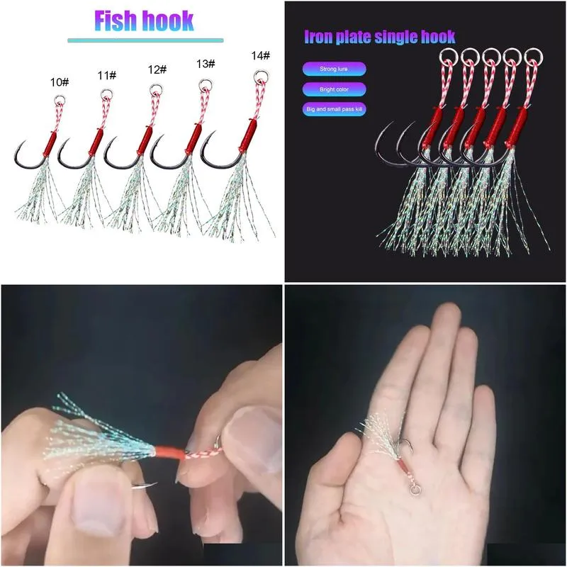 100pcsbox cast jig assist hook slow jigging lure bass fishing hooks barbed tying up fishhook with feather sea 240119