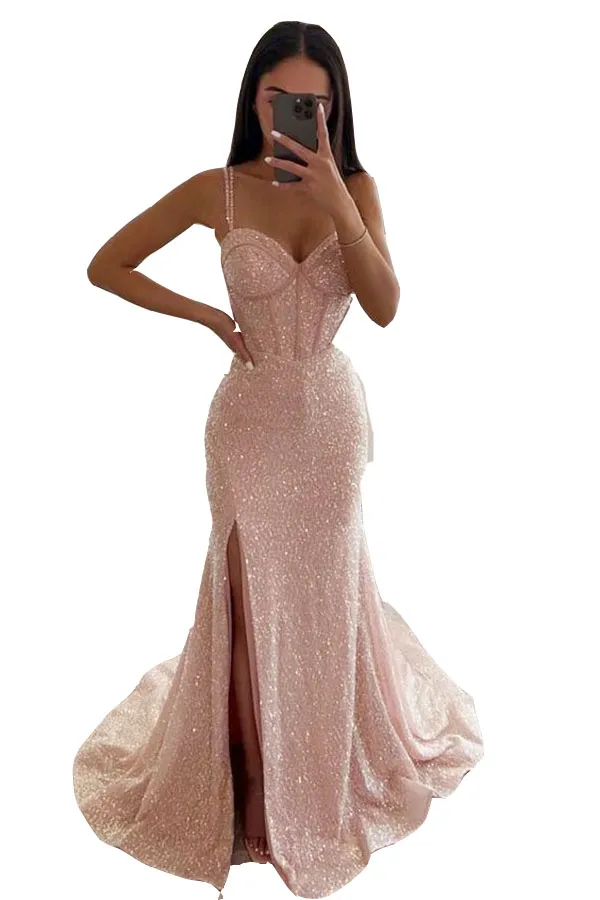 2024 Sexy Bling Prom Dresses Pink Mermaid Sequined Lace Sequins Spaghetti Straps African Plus Size Floor Length Evening Gowns Side Split
