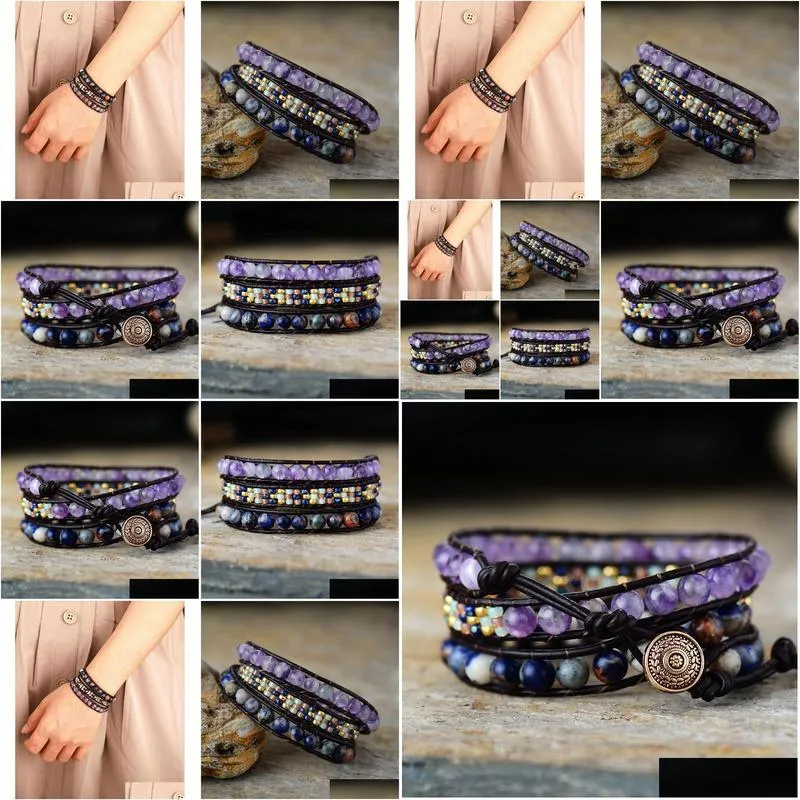 cool black leather wrap bracelets w/ natural stone beaded triple statement strand bracelet bijoux femme bohemian beads jewelry y200730