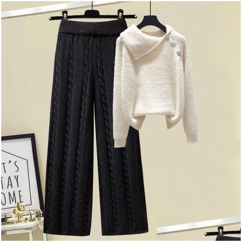 women`s two piece pants plus size winter warm 2 set women pullover sweater top + wide leg knitted suit tracksuit clothes outfits