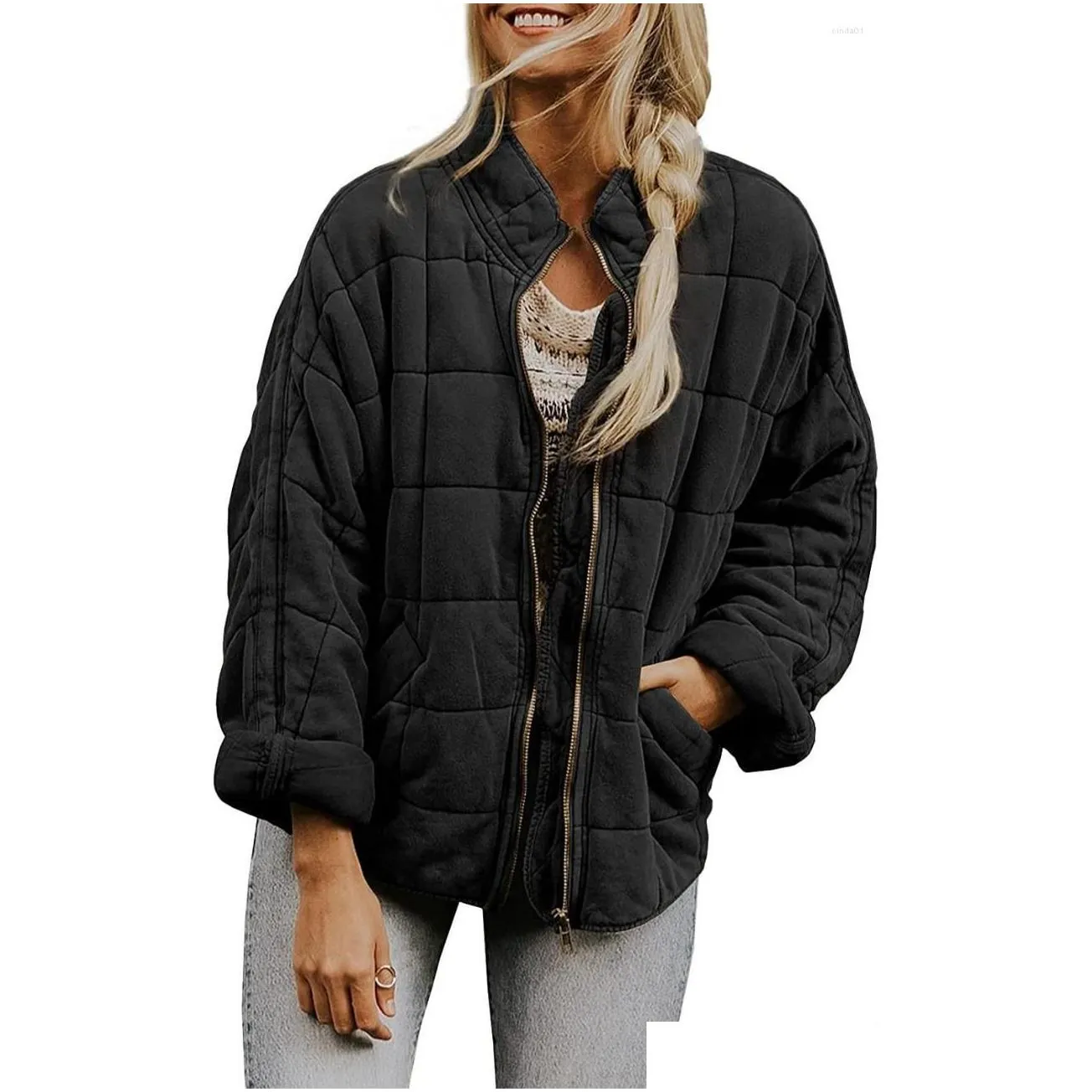 Women`S Jackets Womens Jackets Solid Green Plaid Work Long Sleeve Women Dolman Jacket Zipper Loose Gray Streetwear Female Cardigan Win Dhsr2