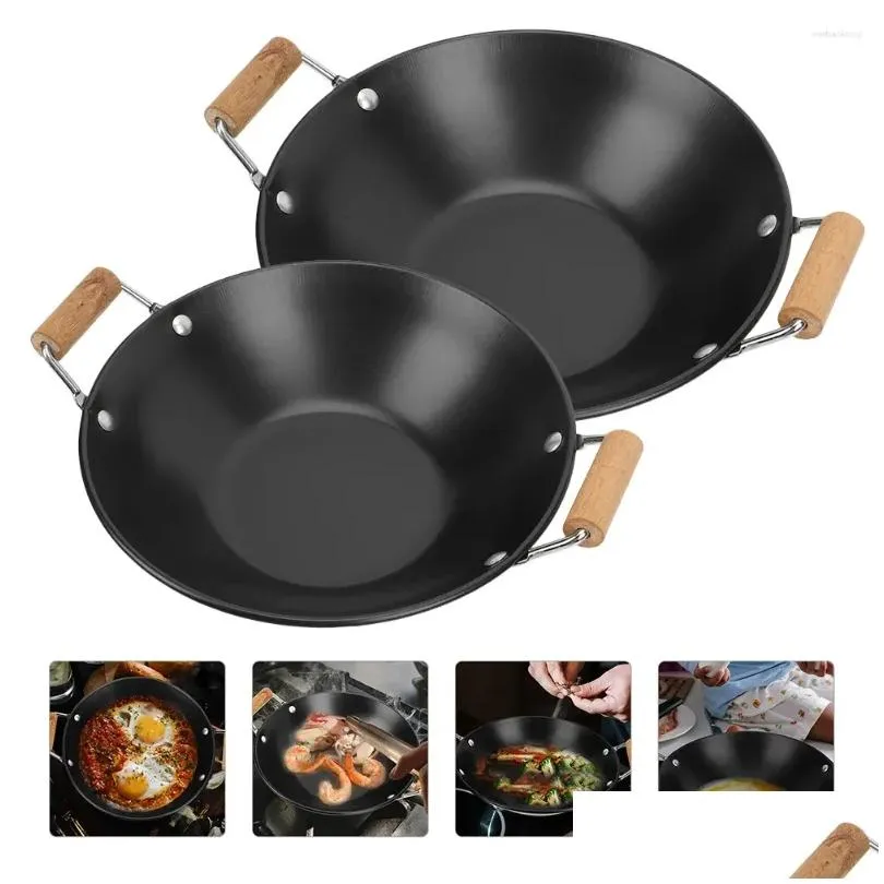 pans 2 pcs stainless steel griddle kitchen cookware pot cooking saute pan metal household wooden handle nonstick lid noodle wok