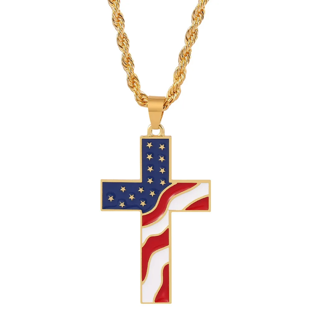 Fashion American Stars Cross Pendant Necklaces Stainless Steel US Flag Necklace