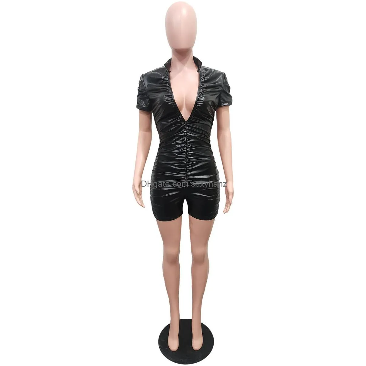 jumpsuit romper for women black sexy pu ruched short one piece suit v neck bodycon onesies summer slim clubwear faux leather clothes