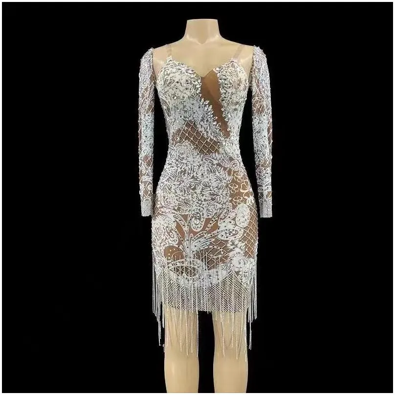 stage wear sparkly crystals mesh transparent long sleeves rhinestones chains dress evening birthday celebrate party nightclub