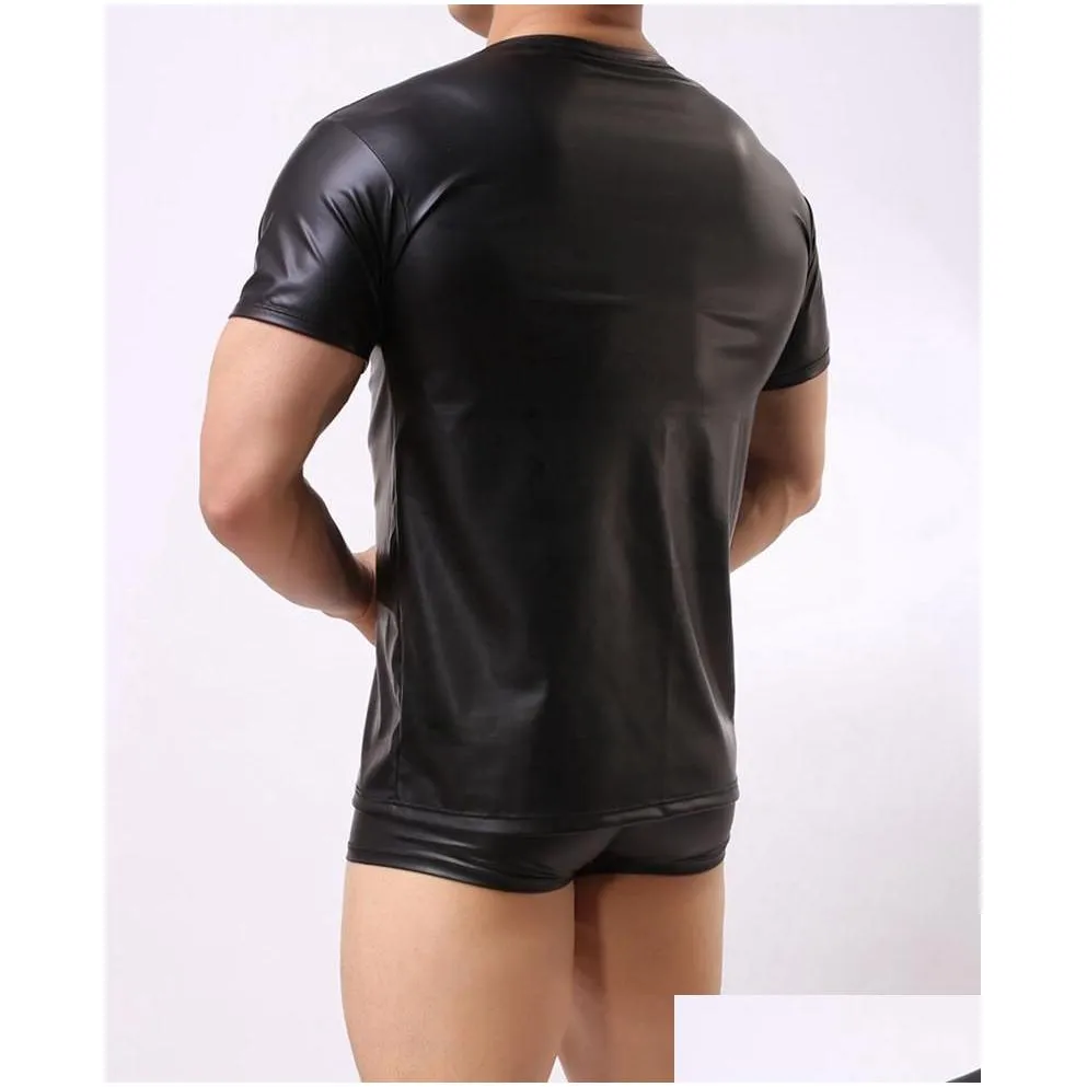 men`s t-shirts men patent leather short sleeve t shirts pu sexy fitness tops gay latex t-shirt stage tee party clubwear