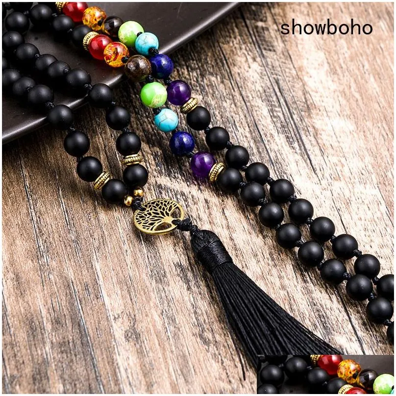 chokers 8mm matte black onyx 7 chakra beaded knotted 108 mala necklace meditation yoga spirit luckly energy jewelry japamala sets