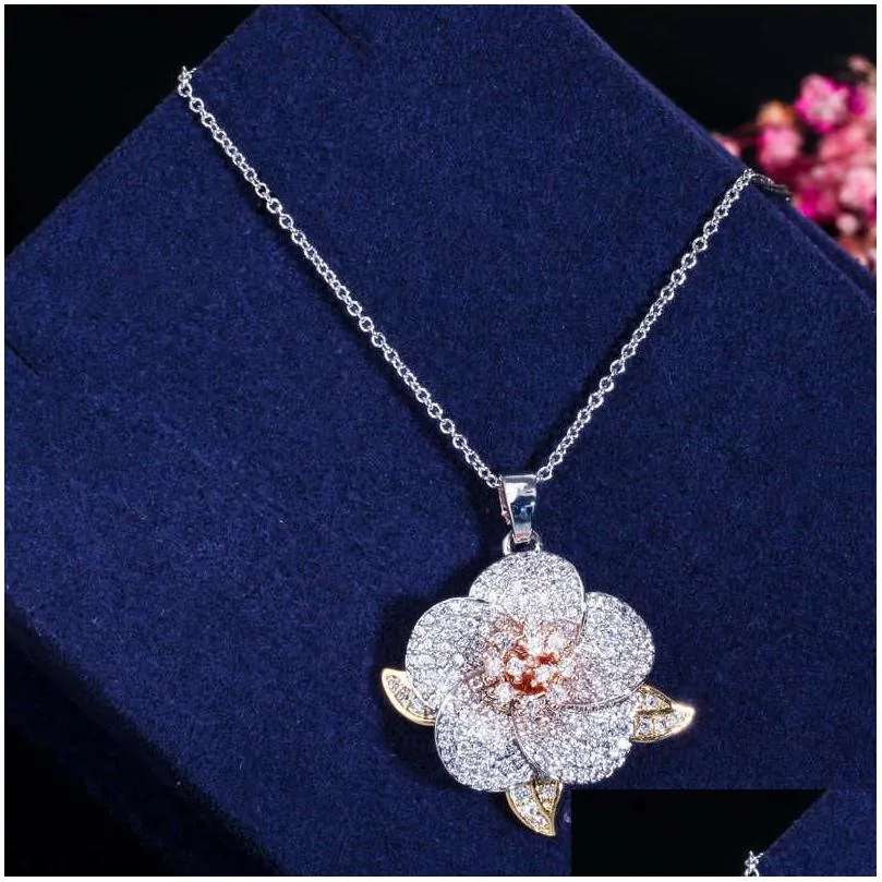 3 tone rose gold full micro pave cubic zirconia ladies flower pendant necklace and earrings jewelry sets t063 210714