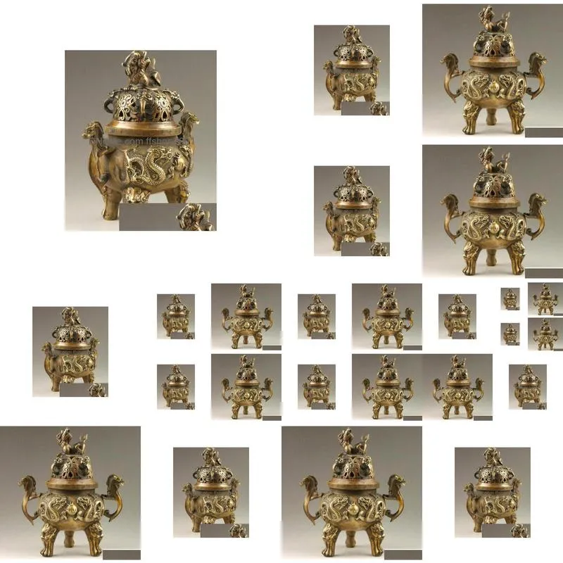 chinese old handmade dragon statues  lid bronze incense burner4412224