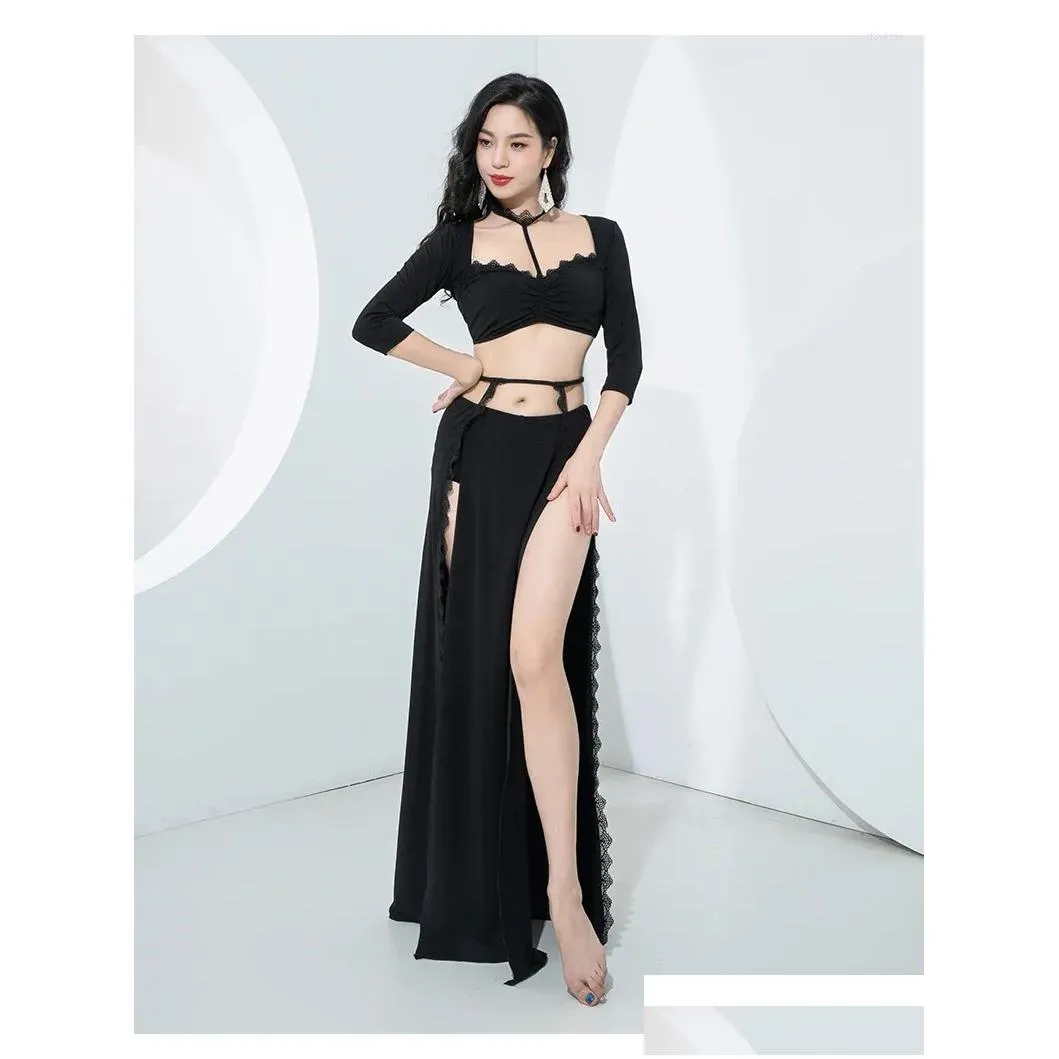 stage wear sexy lace women dance clothes girls outfit class suit for group belly costume set 2pcs halter top and long skirt