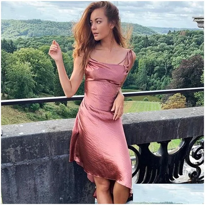 women`s sexy trim side fork smooth fabric irregular sling dress women party casual dresses