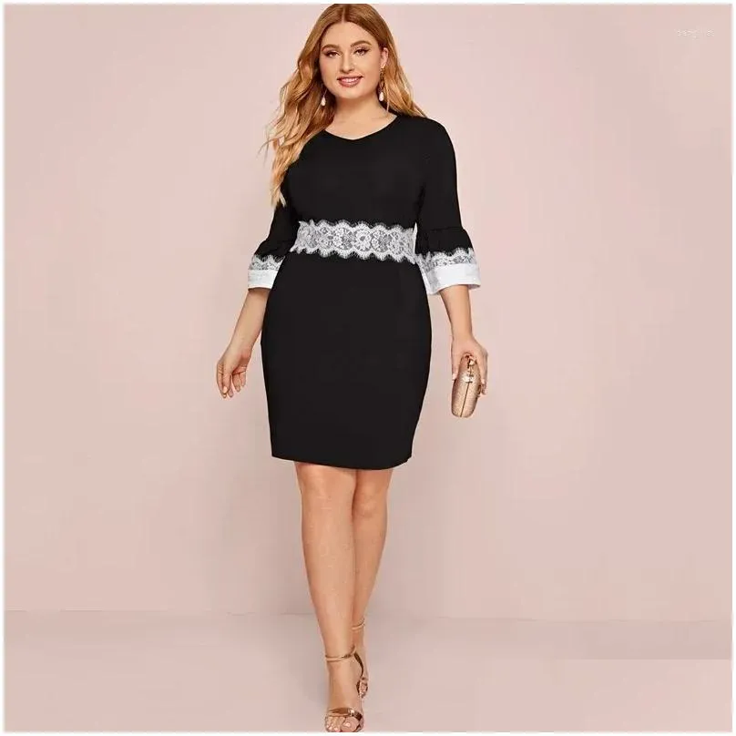 plus size dresses spring autumn elegant party dress women 3/4 sleeve lace panel sheath business large black and white