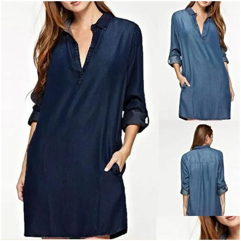 casual dresses denim dress for women 2022 autumn blue v-neck long sleeve mini plus size washed shirt vestidos