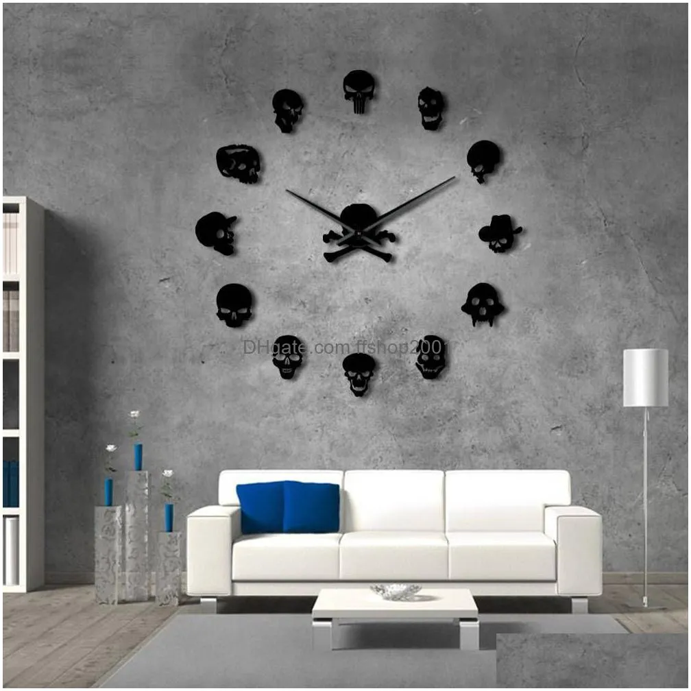 different skull heads diy horror wall art  wall clock big needle frameless zombie heads large wall watch halloween decor