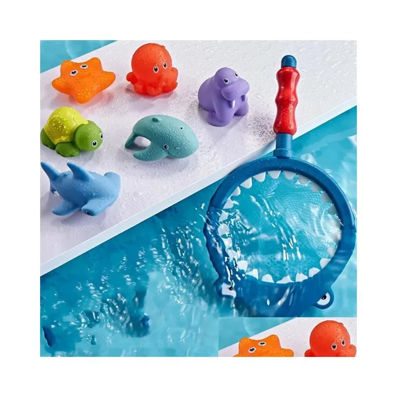 bath toys baby bath rubber toys spray water net fishing set children animal kneading vocal floating toys baby net fish games bathroom toy