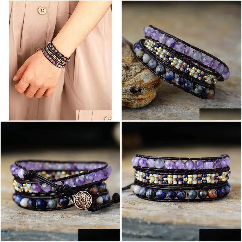 cool black leather wrap bracelets w/ natural stone beaded triple statement strand bracelet bijoux femme bohemian beads jewelry y200730