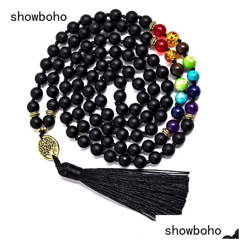 chokers 8mm matte black onyx 7 chakra beaded knotted 108 mala necklace meditation yoga spirit luckly energy jewelry japamala sets