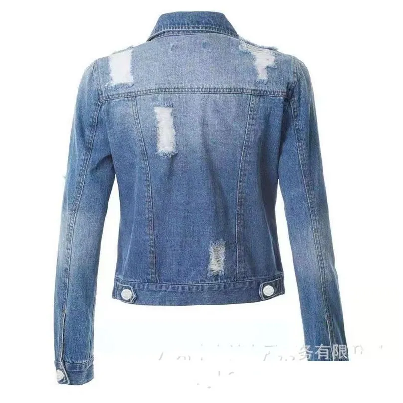 autumn women clothing denim coat holes ripped full sleeves turn down neck single-breasted pocket distressed casual jean coats outwear lady jacket blue