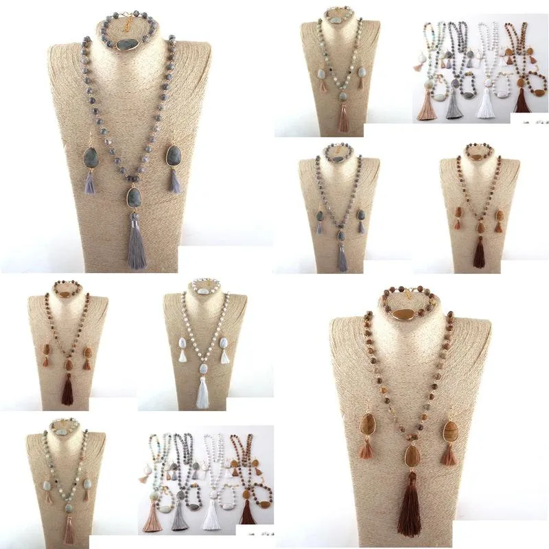 fashion jewelry set natural stone rosary chain stone link tassel necklace bracelet earring set y200602