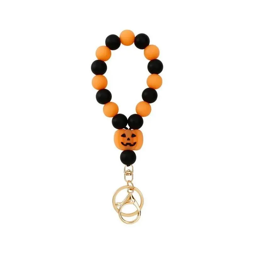 key rings 15mm glow in the dark silicone beaded pumpkin chain wristlet halloween bracelets chain ring holiday jewelry 220901